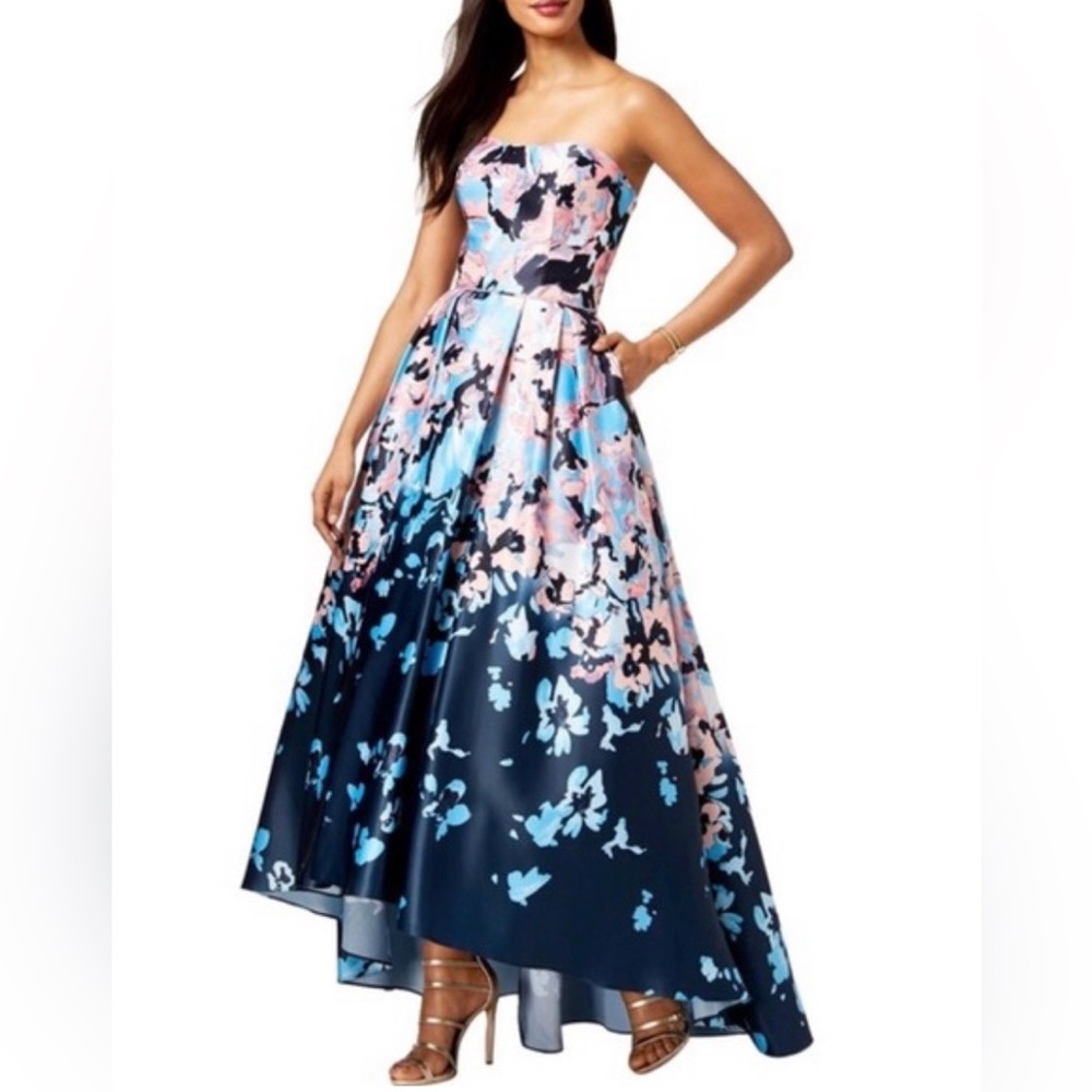 Gorgeous Betsy Adam Strapless Floral Navy, Light Blue & Pink Gown with Train